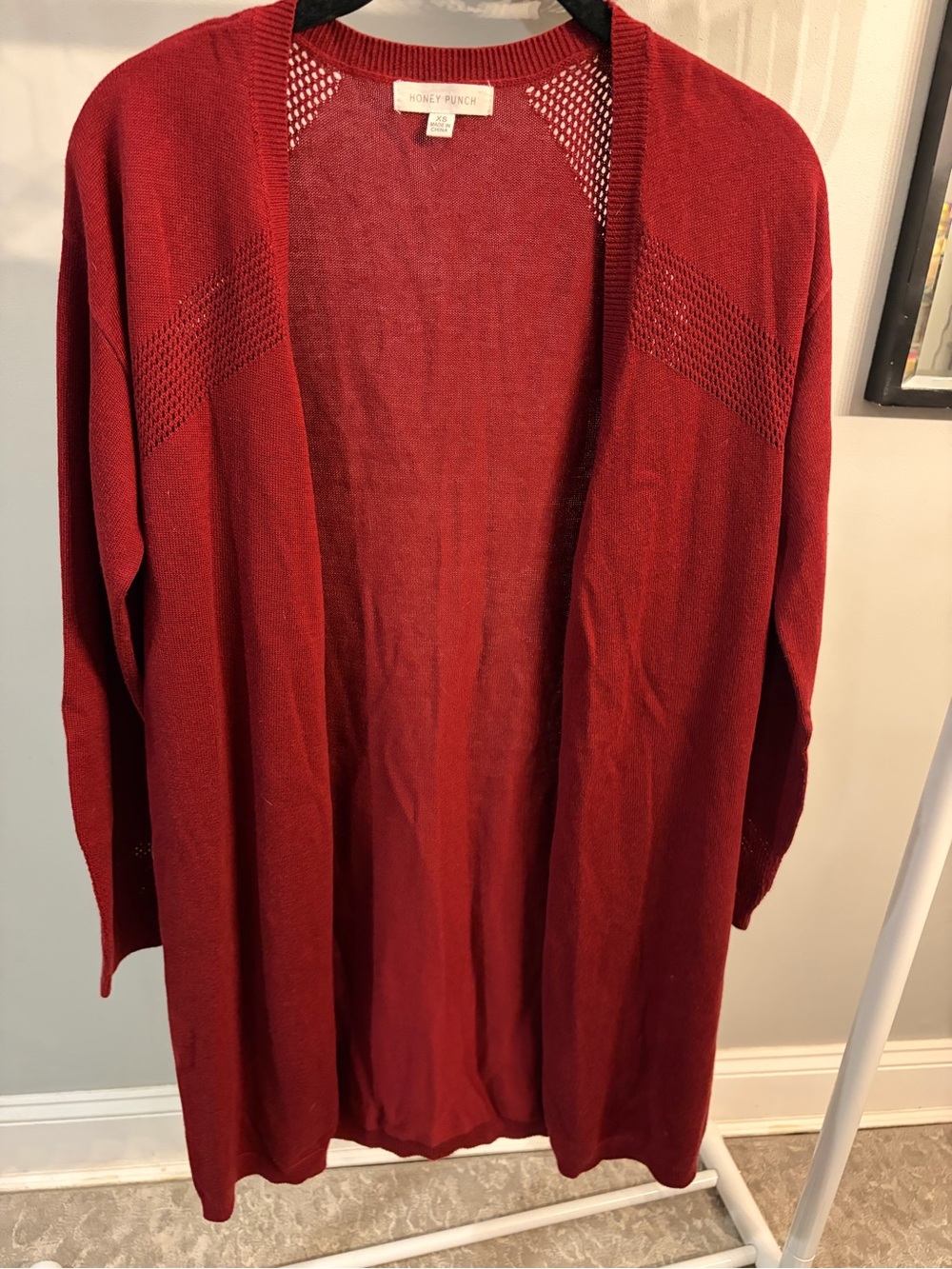 Honey Punch Open-Front Long Cardigan in Deep Burgundy- XS